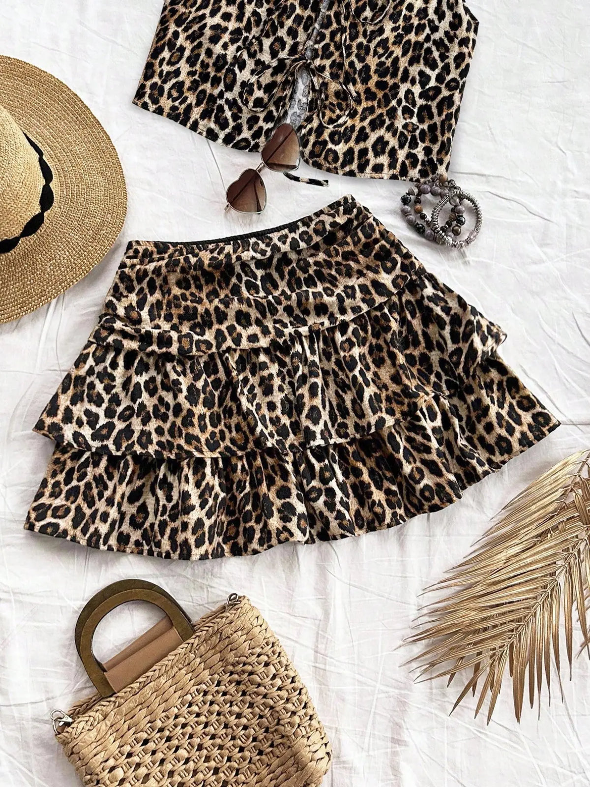 American Retro Leopard Print Skirt, Summer High Waist Elastic Waist Ruffle A-Line Short Skirt, Sexy Puff Skirt for Women