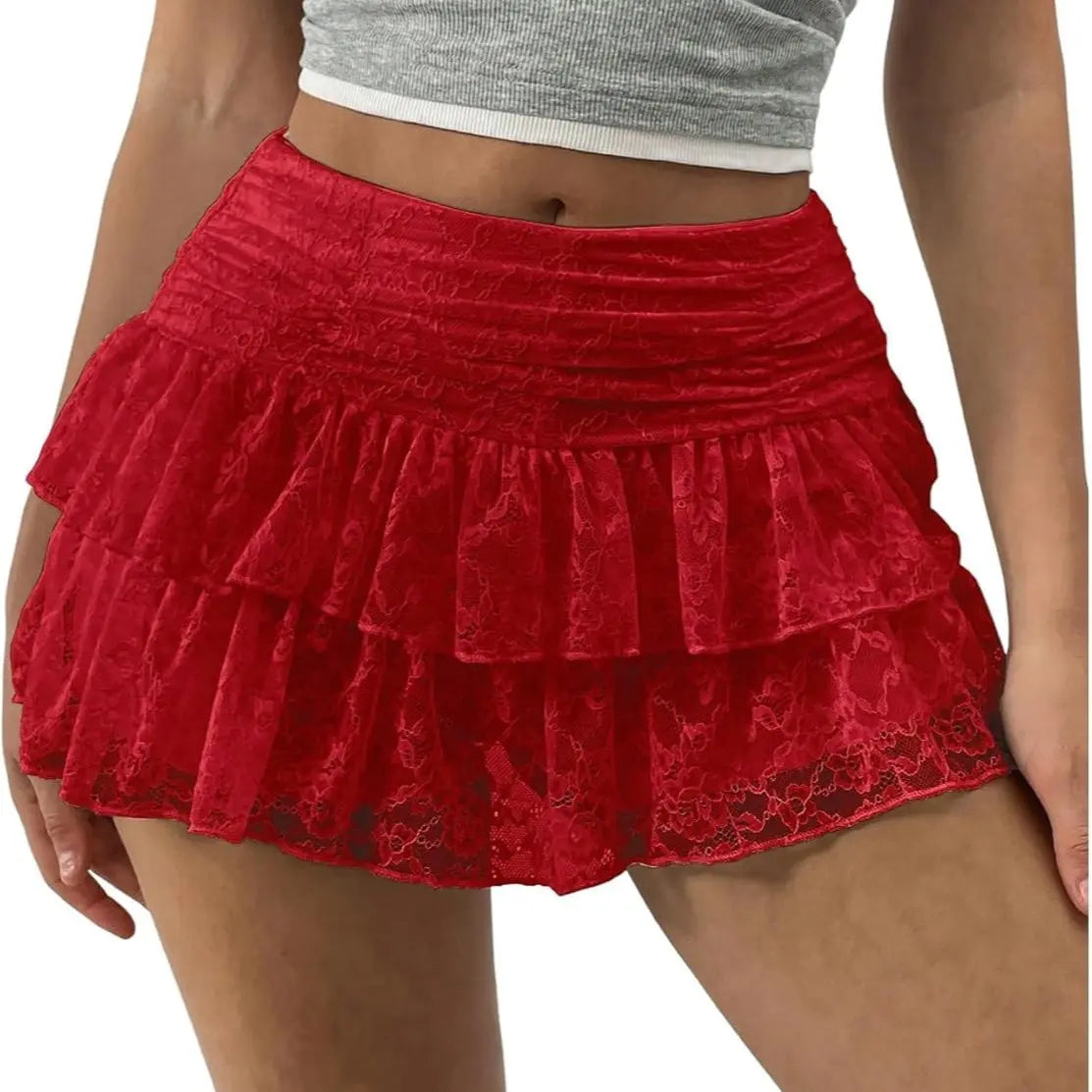 Women's Low-Rise Tiered Lace Mini Skirt - 2000s Aesthetic Flowy Ruffle Bottoms, Cute Trendy Going Out & Clubbing Clothes, Cute Trendy Clothes, Clubbing Clothes For Women
