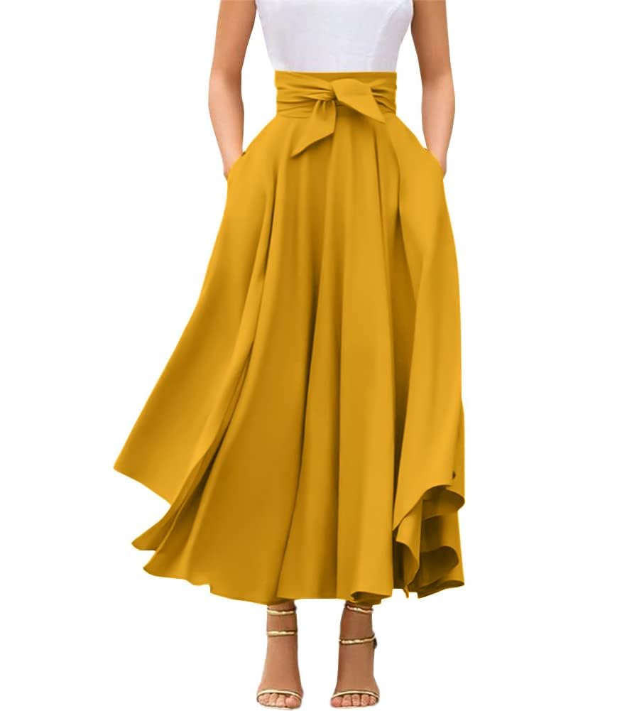 chouyatou Women's Elegant High Waisted Side Slit Irregular Bohemian Maxi Skirt with Pockets