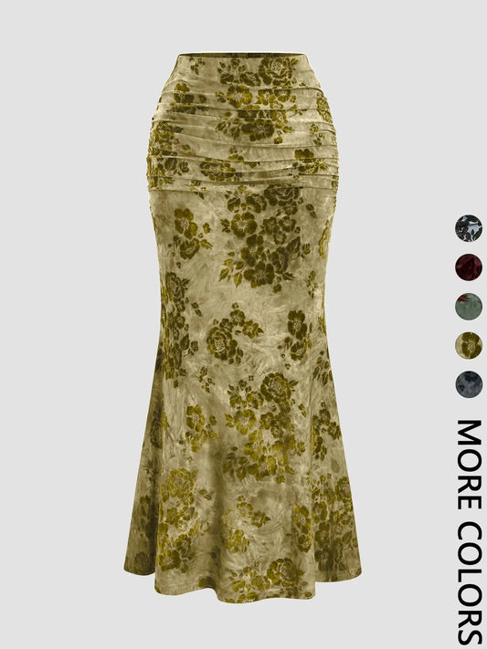 Women's Vintage Velvet Floral Print Ruffled Casual Cute Essential Long Mermaid Flared Skirt, Fall Winter Fashion, Floral Printed Skirt, All Seasons Wearable