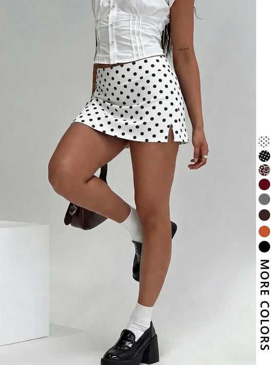 Women Trendy Aesthetic Going‑Out Bottoms, Y2K Coquette Low‑Rise Polka‑Dot Print Stretch Knit Side Slit Hem Bodycon Micro Mini Skirt, Casual Party Short Skirt, Autumn Outfits Women for Holiday Night Out Everyday Wear
