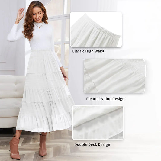 NASHALYLY Women's Chiffon Elastic High Waist Pleated A-Line Flared Maxi Skirt Flower Breathable Comfortable Casual Summer Wear White Black Christmas Vintage Floral Bohemian Boho Womenswear Summer Outfits campingessentials