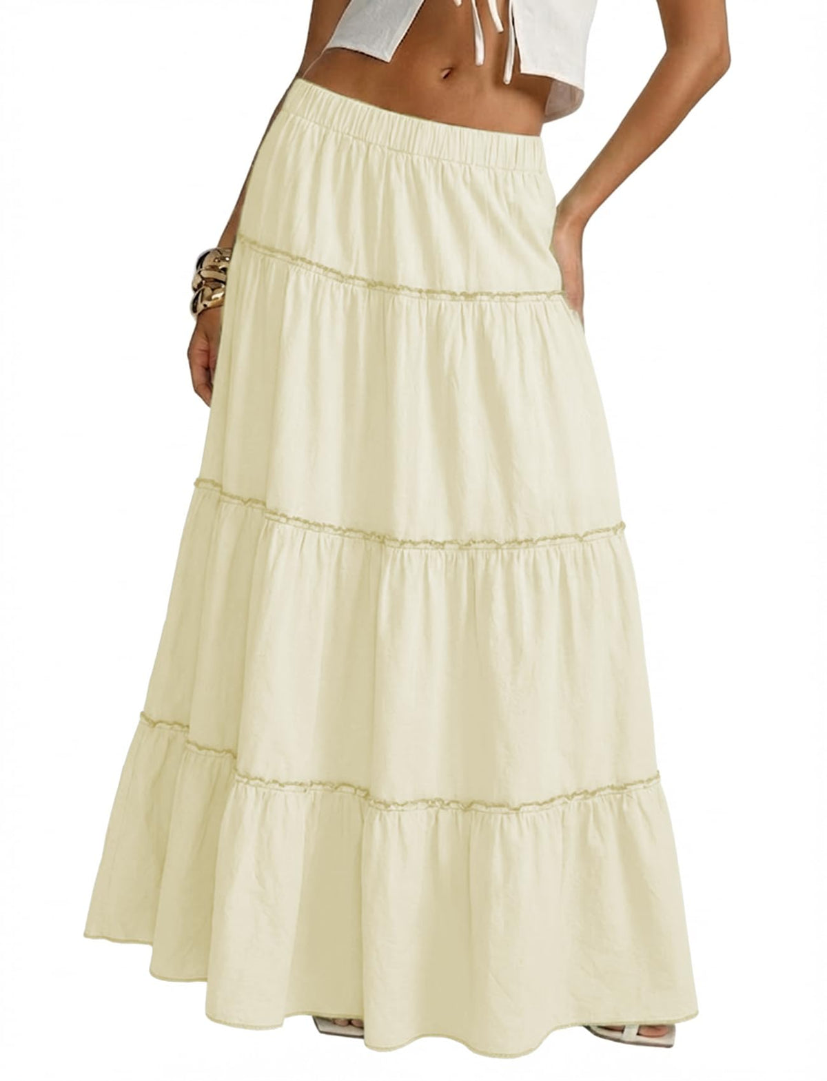 Cotton Maxi Skirt for Women Flowy Tiered Boho with Elastic Waist