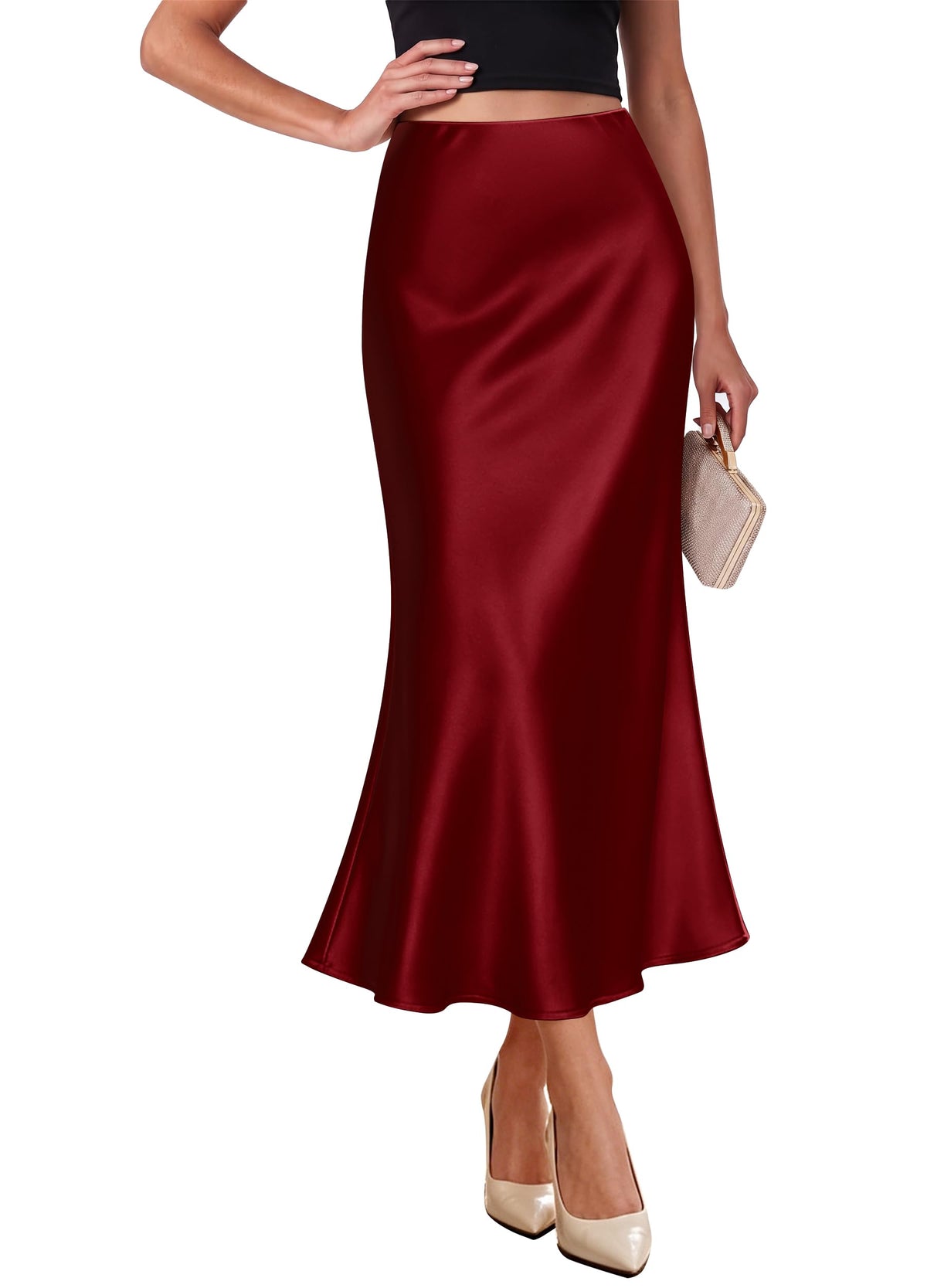 OFEEFAN Stain Skirts for Women Elegant High Waist Cocktail Party Midi Skirt