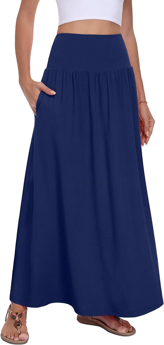 QUEZHU Women Maxi Long Skirts Casual A-line Elastic High Waist Flowy Skirt