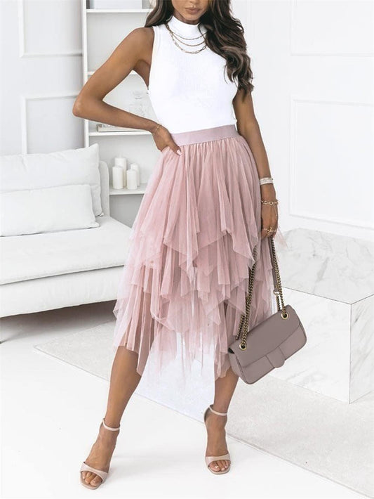 Reaowazo Tulle Skirts for Women Midi Long Fairy Skirt Tutu A-Line Mesh Layered High Elastic Waist Halloween Skirts