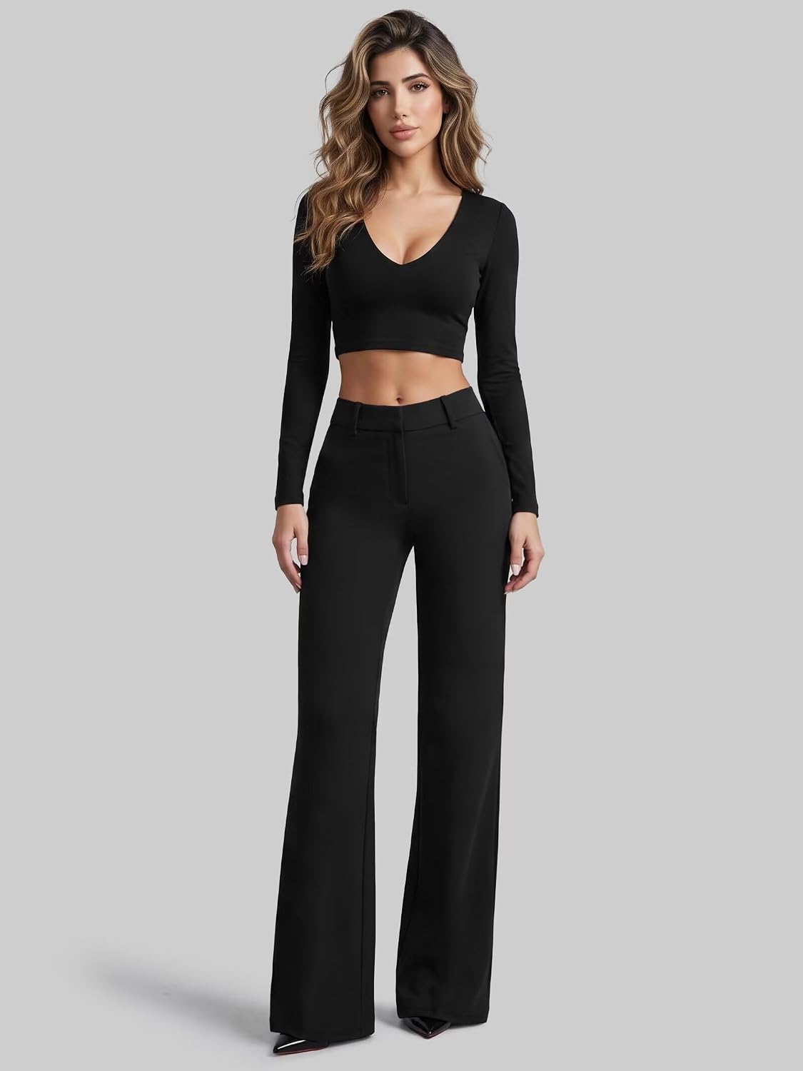 Sunzel Women's Low Rise Flare Dress Pants with Pockets Stretch Trousers