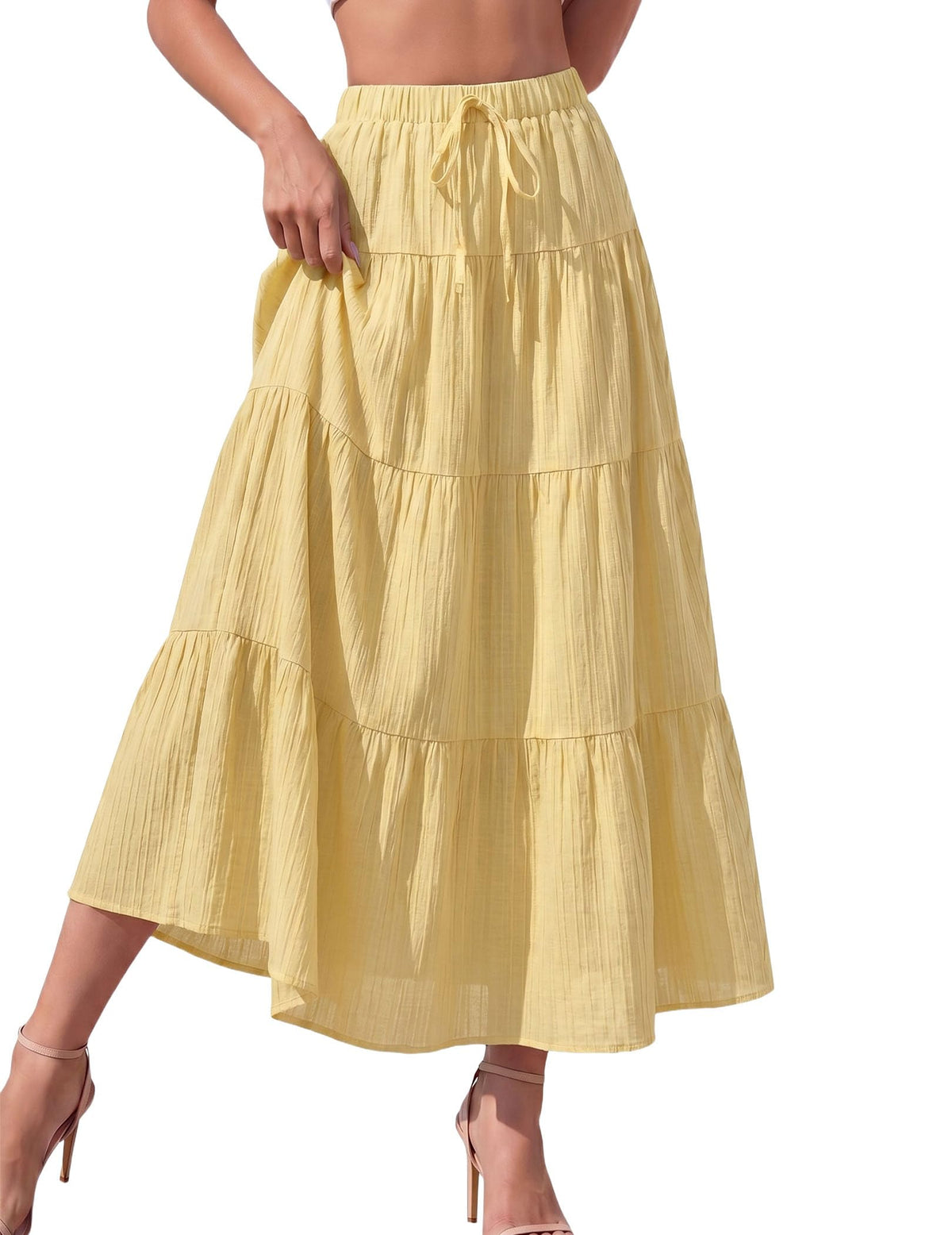 DERAX Women's Boho Flowy White Maxi Skirt Ruffle Elastic Waist Long Skirts