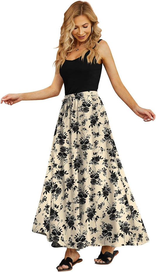 Yincro Women's Maxi Skirt Flowy High Waist Casual Long Skirts with Pockets