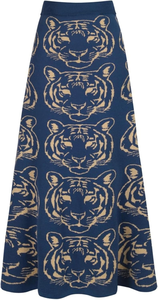 OXKnit Knittd Midi Skirts for Women, Mod Style Casual Retro Tiger Pattern High Waist A Line Cotton Blue Skirts