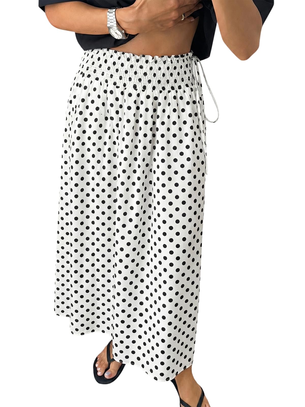 Tankaneo Womens Polka Dot Maxi Skirts Boho Smocked High Waisted Tie Skirt