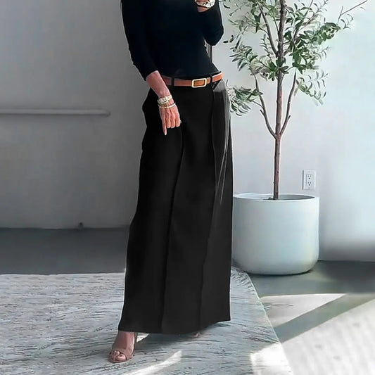Women's Chic Mid-Waist H-Shaped Plain Woven Maxiskirt - 2025 Minimalist Thick Loose Polyester Skirt with Pockets, Zipper Closure, Machine Washable, Old Money Style, Flattering Fit for Spring Autumn Daily Outing