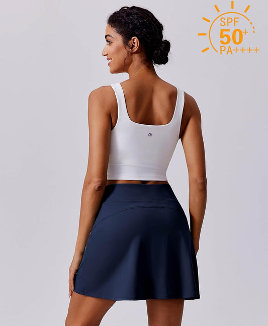 PINSPARK 17" Golf Skorts for Woman High Waisted Tennis Skirt with 4 Pockets