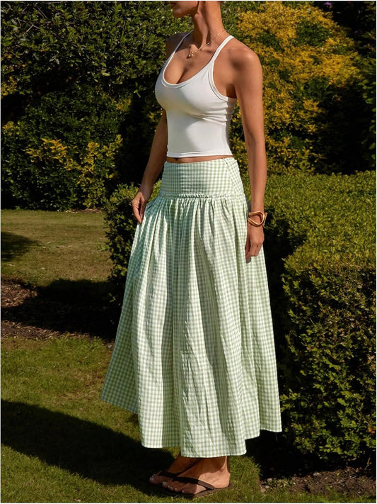 MakeMeChic Women's Plaid Gingham Maxi Skirt Low Waist Flowy Long Skirts