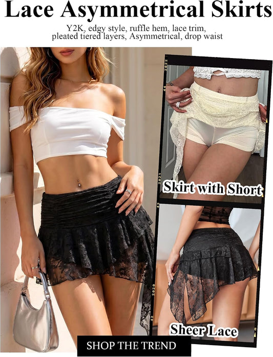 Avidlove Women's Y2K Mini Skirt Ruffle Lace Asymmetrical Flowy Skirt