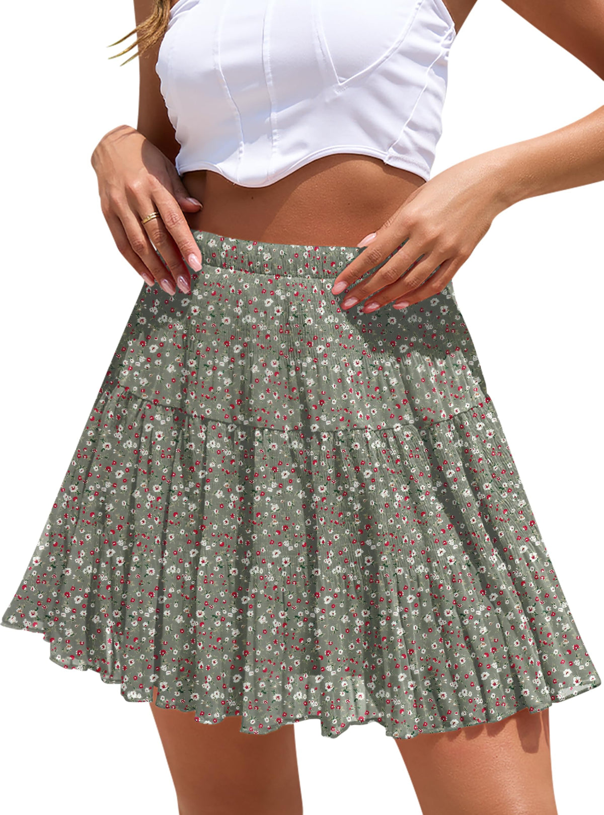 Boho Floral Flowy Mini Skirt Chiffon High Waist Tiered Pleated Short Skirts