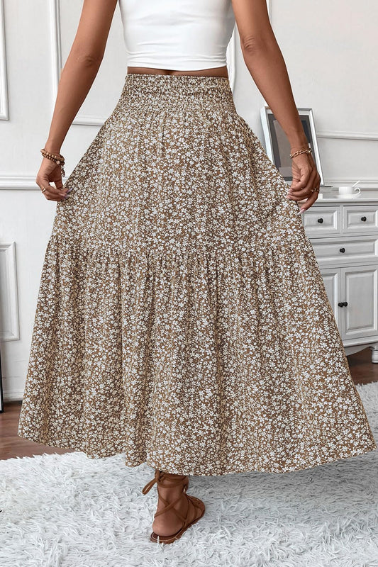 Women's Smocked High Waist Maxi Skirt Casual Boho Long Skirts with Pockets