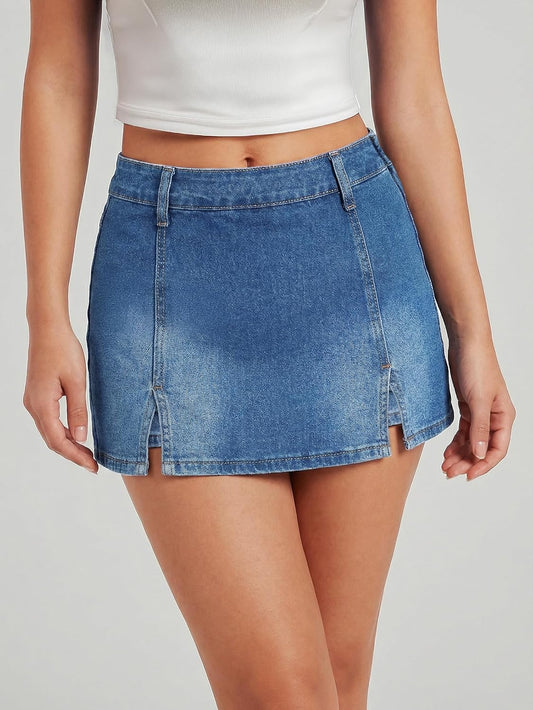 EMMIOL Denim Mini Skirt for Women - Mid Waisted Stretch Side Zipper Skort Y2k Casual Jean Skirts with Shorts Underneath