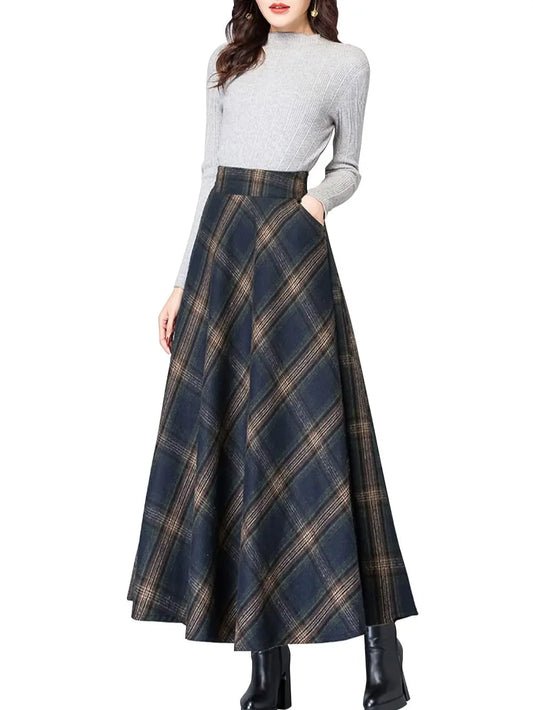 Ebossy Women's Vintage High-Waist Wool-Blend Plaid A-Line Maxi Skirt - Casual Comfy, Side Pockets, Back Elastic Waist, Zipper, Dress Up or Down with Plaid Ease