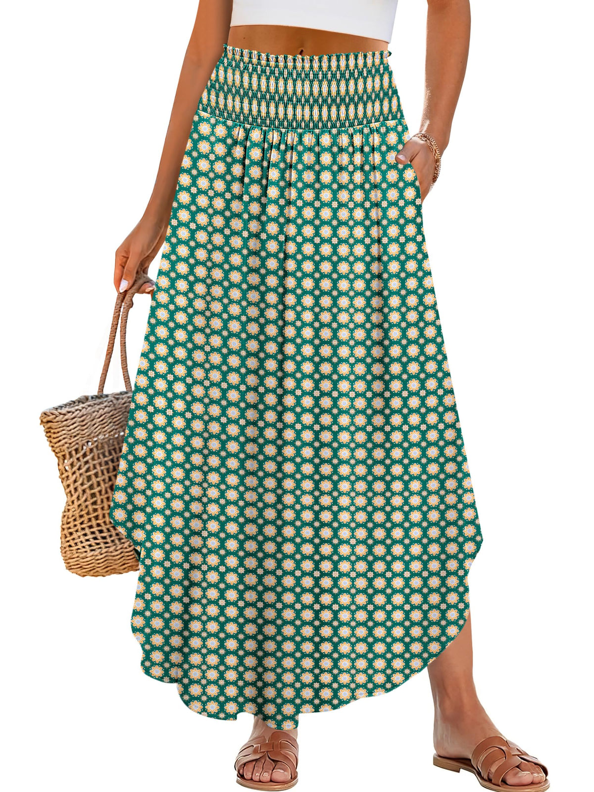 ANRABESS Women High Waist Floral Flowy Summer Boho Maxi Skirts with Pockets
