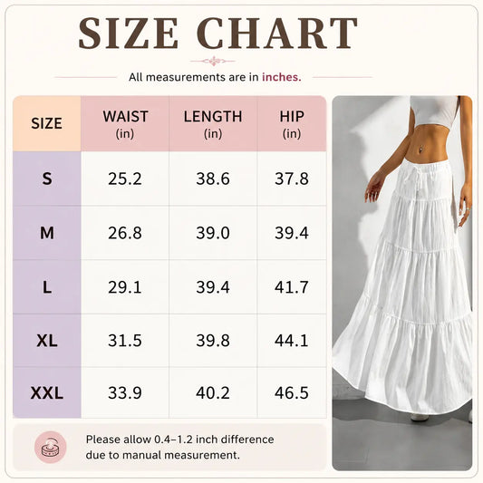 Women's Boho Tiered Maxi Skirt - Elastic High Waist Drawstring, Flowy A-Line, Pleated Ruffle, Lightweight Basic Bottom with Drape & Elegance for Summer Casual Beach Wear, Vintage Fairycore Solid Swing Skirt