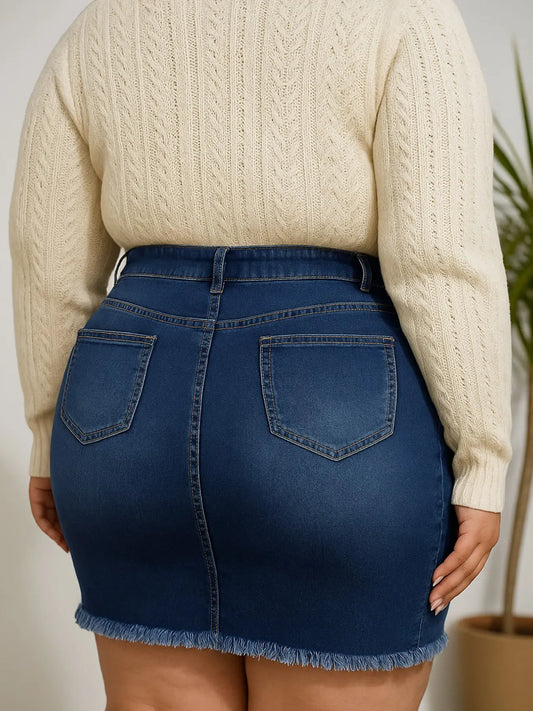 Plus Size Dark Indigo High Waist Denim Bodycon Mini Skirt, Distressed Ripped Frayed Hem, Tummy Control Stretch, Y2K Streetwear for Festivals & Beach, Street Fashion Skirt, Chic