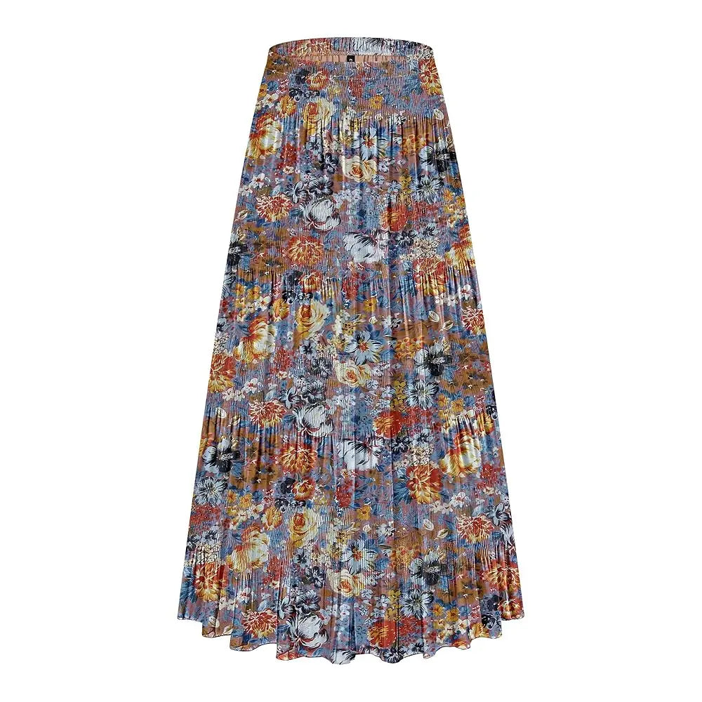 NASHALYLY Women's Chiffon Elastic High Waist Pleated A-Line Flared Maxi Skirt Flower Breathable Comfortable Casual Summer Wear White Black Christmas Vintage Floral Bohemian Boho Womenswear Summer Outfits campingessentials