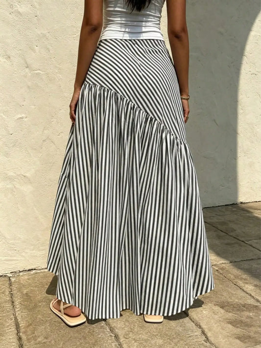 Women's Casual Chic Striped Skirt with Zipper, High Waist Fitted Long Skirt, All Seasons Asymmetrical Design, Perfect for Fall