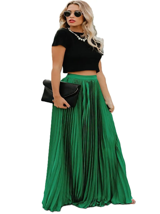 Ebossy Women's High Waist Flowy Pleated Chiffon Maxi Long Skirt - Casual Loose Fit, Elastic Waist, Chic Look, Easy Wash, Safe Materials, Side Pockets, Summer Fall Wear, Basic Minimalist Womenswear Bottoms