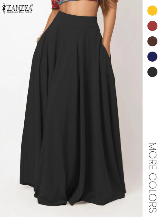 Women's Solid Pocket Flared Skirt, Elegant High Waist A-Line Maxi Skirt for Party Holiday Wedding Guest, Ladies Bottoms for All Seasons, Flowy Skirt