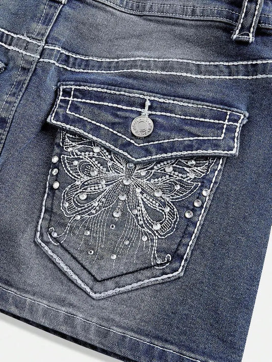 J-Fashion Y2K Vintage Low-Waist Butterfly Embroidered Adjustable Contrast Color Denim Mini Skirt for Women