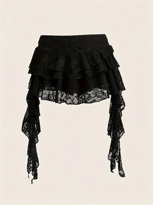 Sexy Low-Waist Lace Mini Skirt, Casual Ruffle-Hem Skirt with Safety Shorts, Women's Boho Style Bottom for Parties, Street Fashion Skirt, Fabric