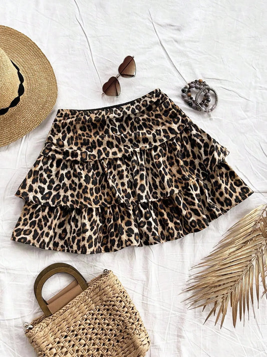 American Retro Leopard Print Skirt, Summer High Waist Elastic Waist Ruffle A-Line Short Skirt, Sexy Puff Skirt for Women