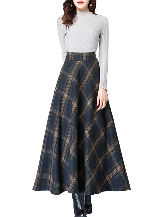 Ebossy Women's Vintage High-Waist Wool-Blend Plaid A-Line Maxi Skirt - Casual Comfy, Side Pockets, Back Elastic Waist, Zipper, Dress Up or Down with Plaid Ease