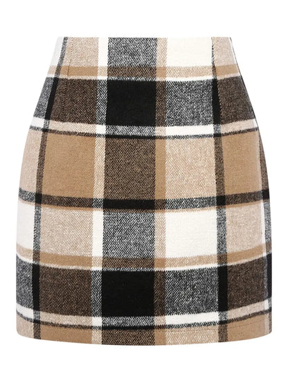 IDEALSANXUN Women's High-Waist Plaid Fitted Woolen Mini Skirt - Trendy Zipper-Closure Mini Length Preppy Chic Winter Flannel Bottoms for Holiday, Business Casual