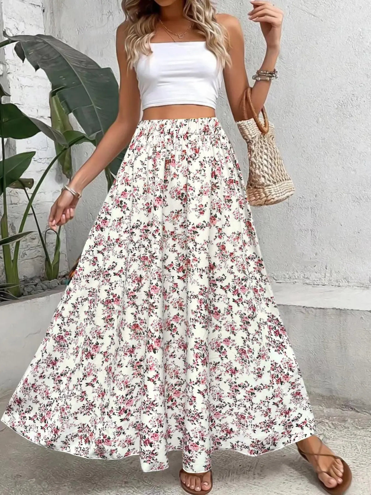 Women's Ditsy Floral Print Elastic Waist A-Line Bohemian Chic Skirt, Boho High-Waisted Long Skirt for Beach Vacation, Ladies Spring Clothes, Fall Aesthetic Skirt, Womenswear