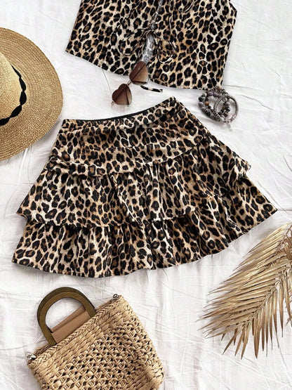 American Retro Leopard Print Skirt, Summer High Waist Elastic Waist Ruffle A-Line Short Skirt, Sexy Puff Skirt for Women