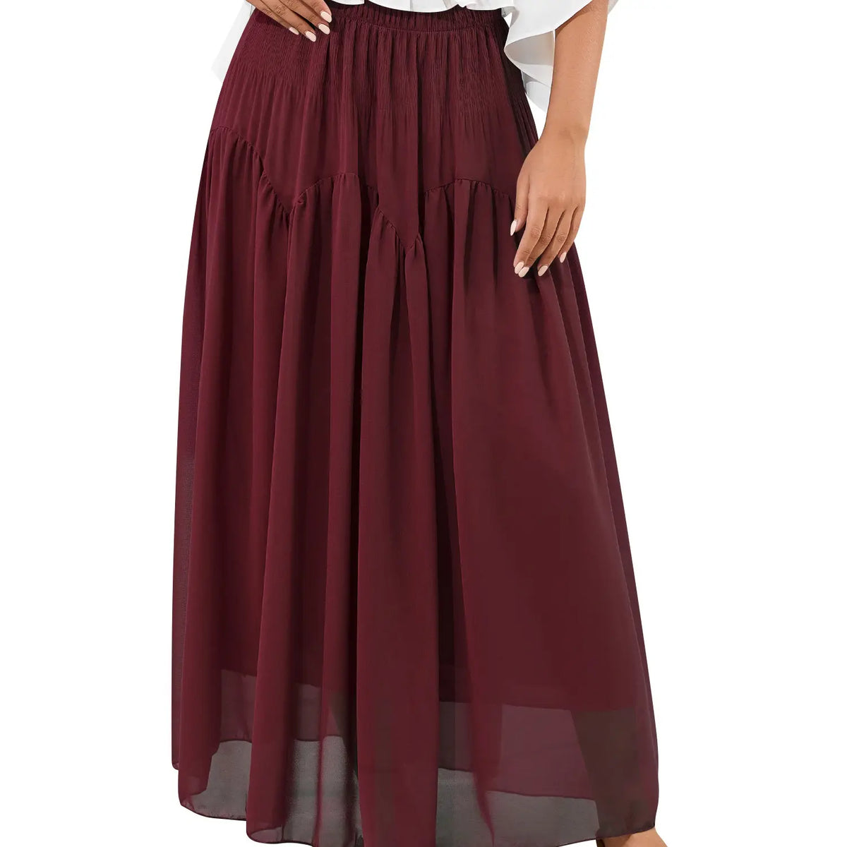 NASHALYLY Chiffon Maxi Skirt for Women A-Line High Waisted Elastic Floral Long Skirt Summer Outfits campingessentials