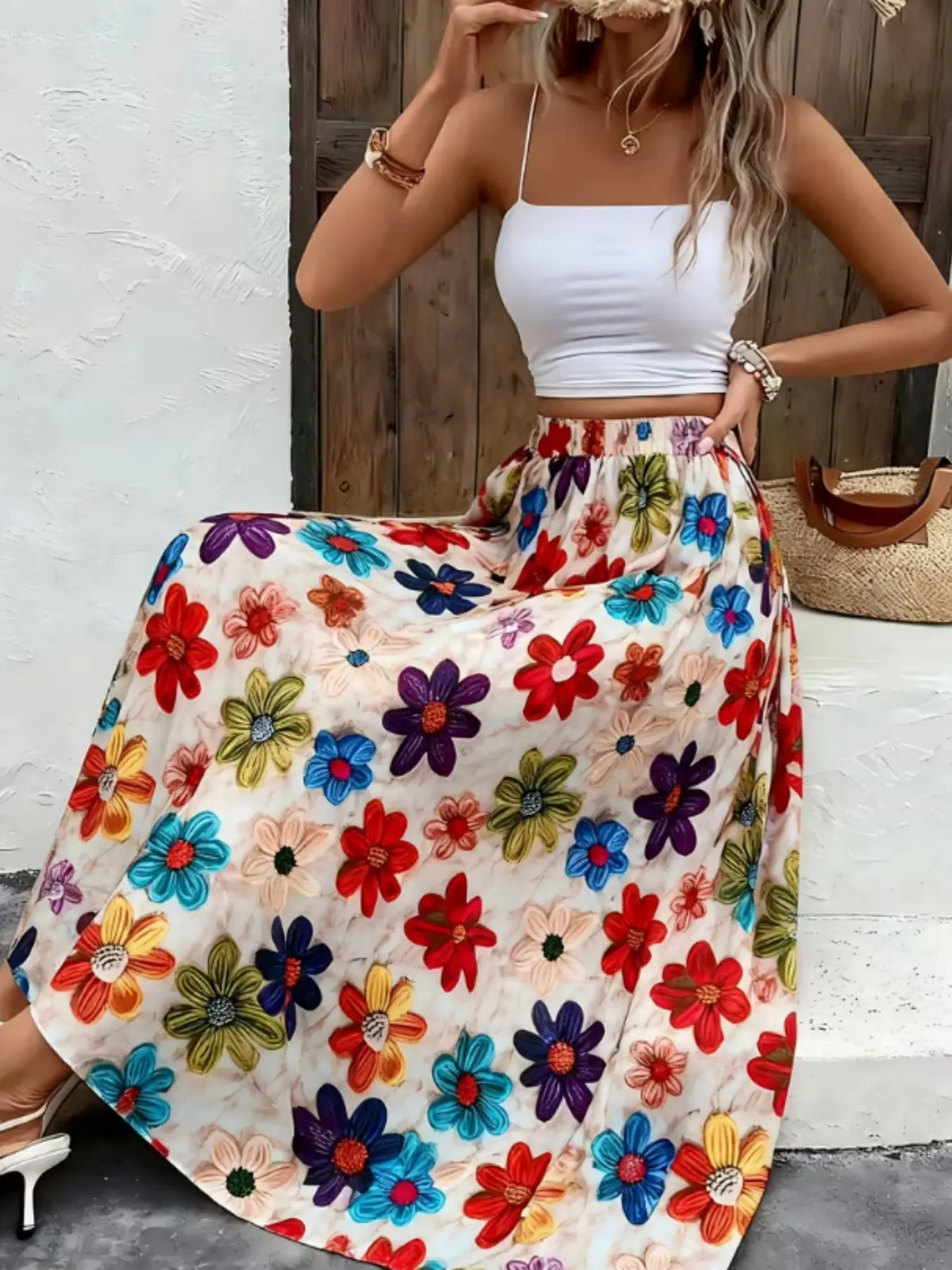 Women's Ditsy Floral Print Elastic Waist A-Line Bohemian Chic Skirt, Boho High-Waisted Long Skirt for Beach Vacation, Ladies Spring Clothes, Fall Aesthetic Skirt, Womenswear