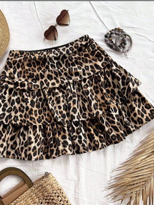 American Retro Leopard Print Skirt, Summer High Waist Elastic Waist Ruffle A-Line Short Skirt, Sexy Puff Skirt for Women