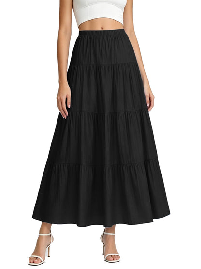 Women's White Maxi Skirt Summer Boho Long Flowy Pleated Tiered High Waist A-Line Flared Skirts