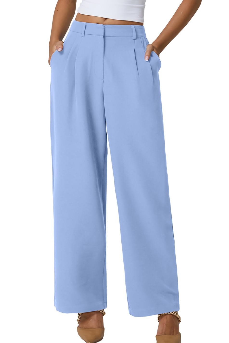QINSEN Wide Leg Dress Pants for Women High Waisted Wrinkle Free Work Pants with Pockets Casual Slack