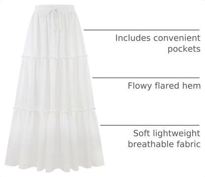 Arolina Women's Summer Maxi Skirt Trendy High Waist Pleated Ruffle Long Skirts Flowy Beach Boho Skirt Dress with Pockets