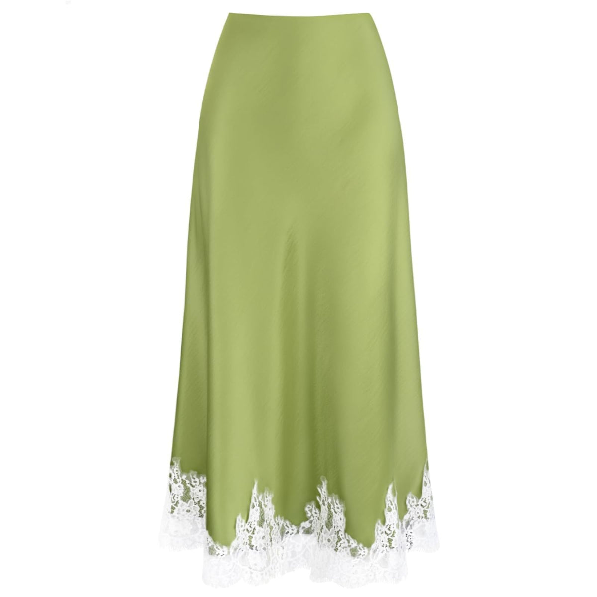VividMosaic Lace Trim Satin Midi Skirt High Waisted Long Skirt for Women