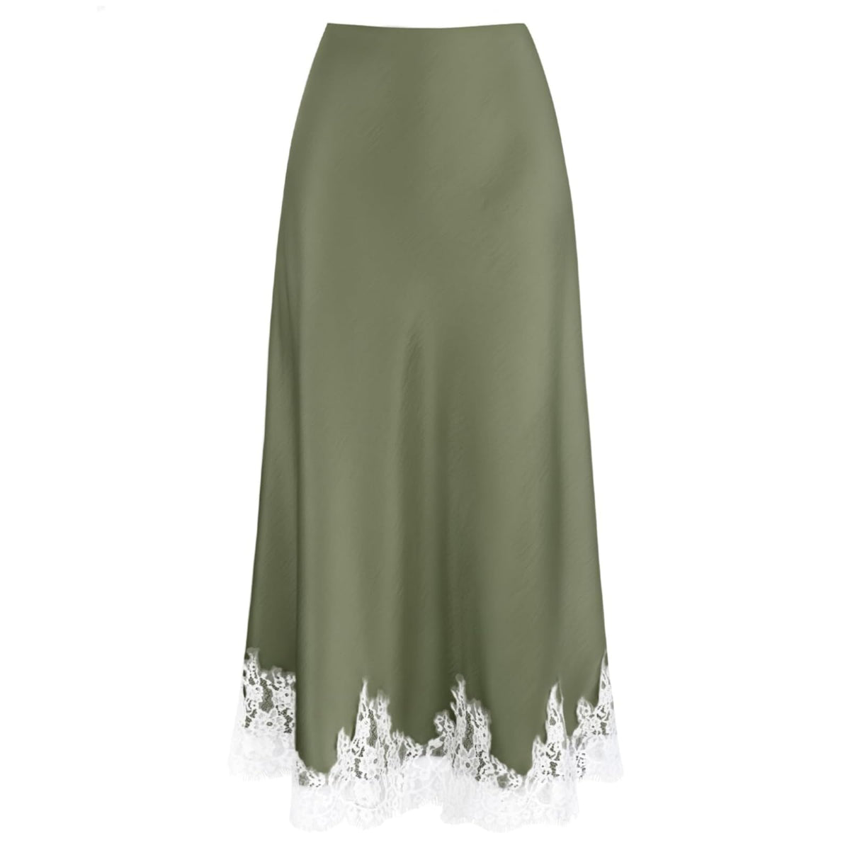 VividMosaic Lace Trim Satin Midi Skirt High Waisted Long Skirt for Women