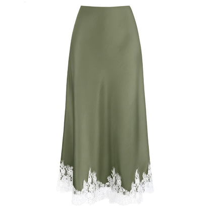 VividMosaic Lace Trim Satin Midi Skirt High Waisted Long Skirt for Women