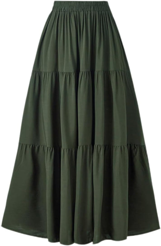 OSTOO Women's Summer Long Flowy Renaissance Skirt with Pockets - Boho High Waist A-Line Maxi Skirt