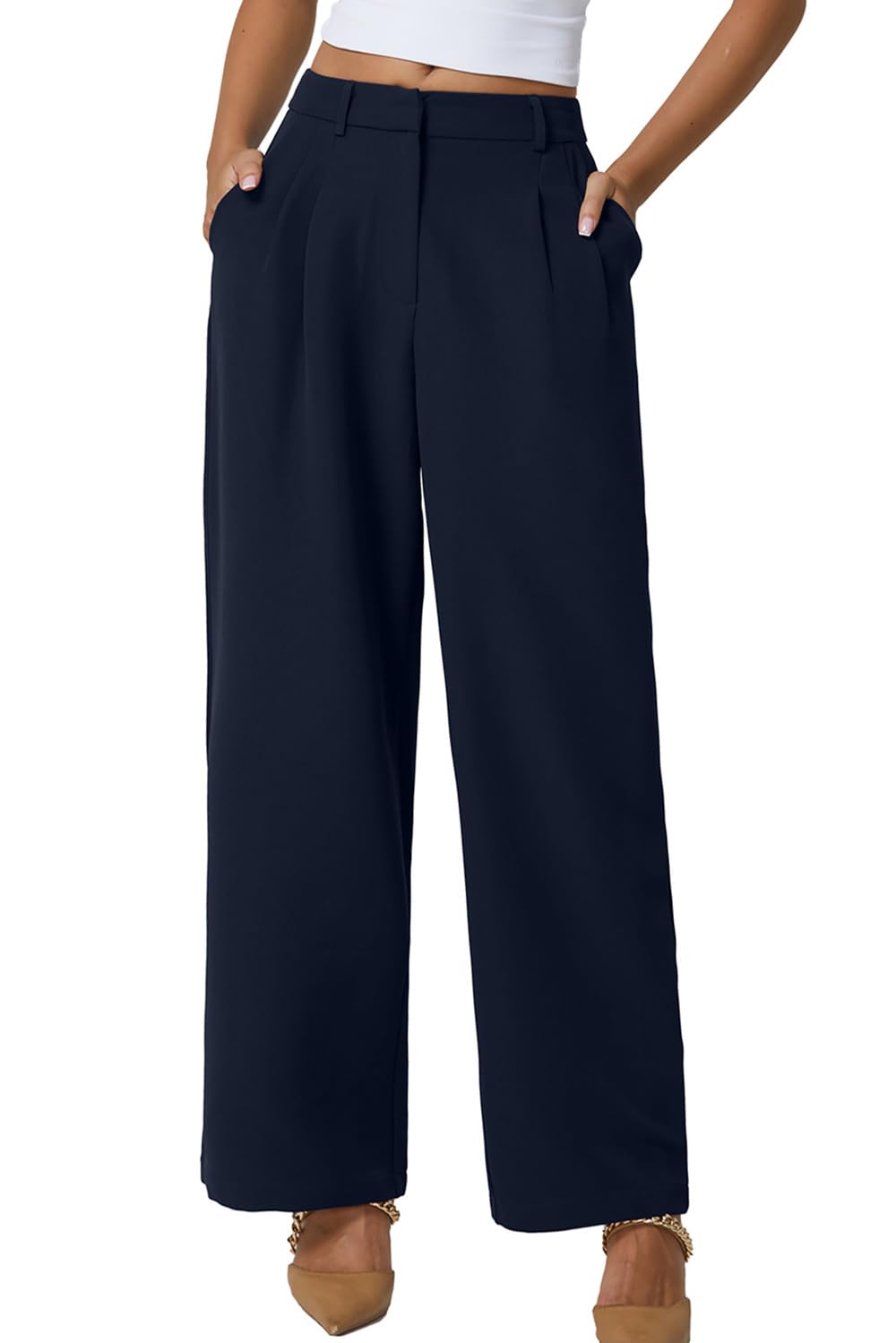 QINSEN Wide Leg Dress Pants for Women High Waisted Wrinkle Free Work Pants with Pockets Casual Slack