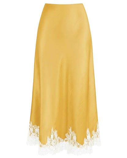 VividMosaic Lace Trim Satin Midi Skirt High Waisted Long Skirt for Women