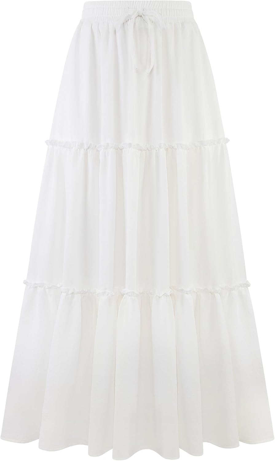 Arolina Women's Summer Maxi Skirt Trendy High Waist Pleated Ruffle Long Skirts Flowy Beach Boho Skirt Dress with Pockets